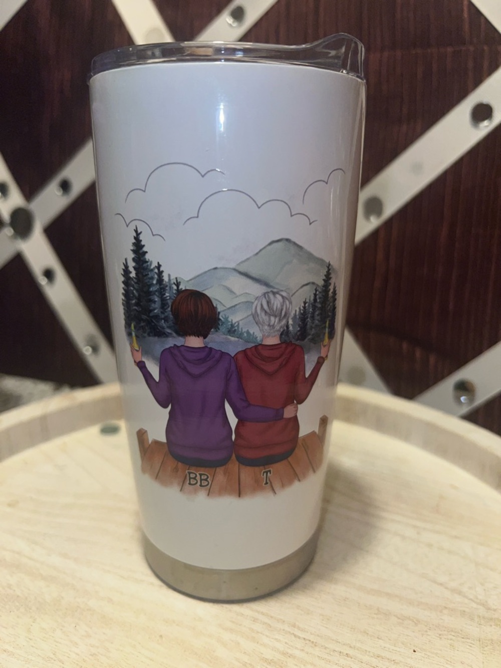 White Travel Tumbler with Illustrated Couple and Mountain Scene
